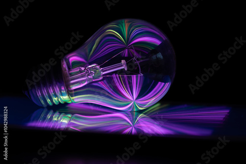 Light bulb on glass plate with reflections of colored lines  on black background
