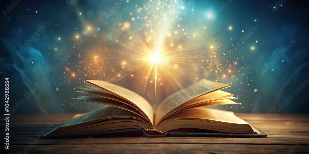 Enchanted book with glowing pages and radiant light in background Enchanted book with glowing pages and radiant light in background