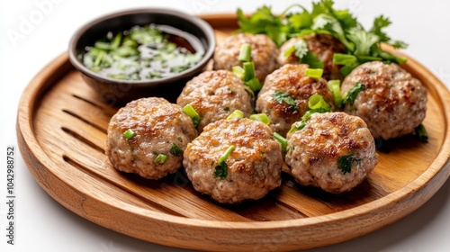 Six crispy and juicy pork meatballs with green onions and cilantro served on a wooden plate with a dipping sauce.