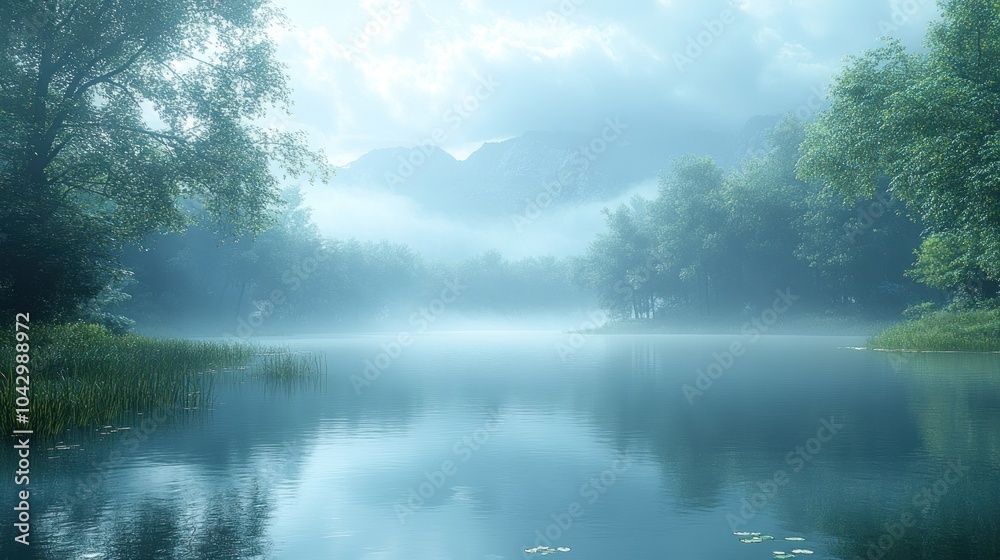Serene misty lake surrounded by lush trees and distant mountains. Serene misty lake surrounded by lush trees and distant mountains.