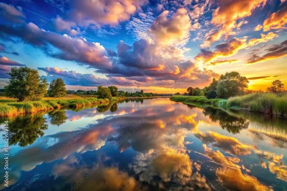 Enchanting landscape with magical sky reflection on river Enchanting landscape with magical sky reflection on river