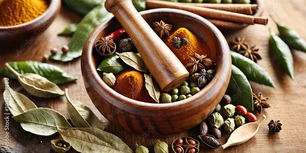 Fototapeta premium Wooden Mortar with Spices Herbs and Cinnamon Sticks Cooking Ingredients