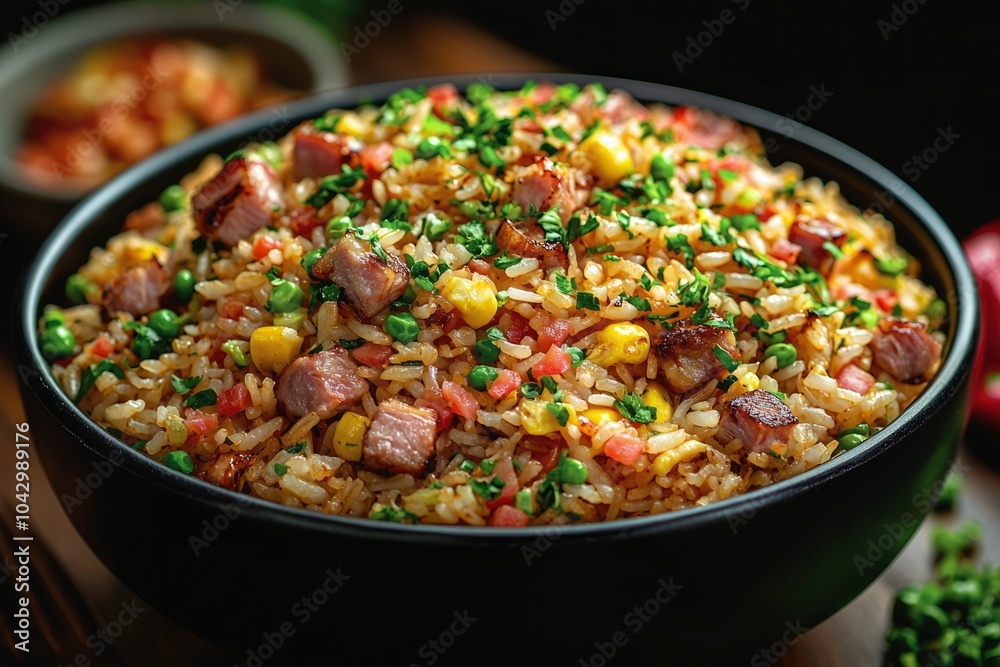 Close-up of Fried Rice with Bacon, Corn, Peas, and Green Onions in a Black Bowl Close-up of Fried Rice with Bacon, Corn, Peas, and Green Onions in a Black Bowl