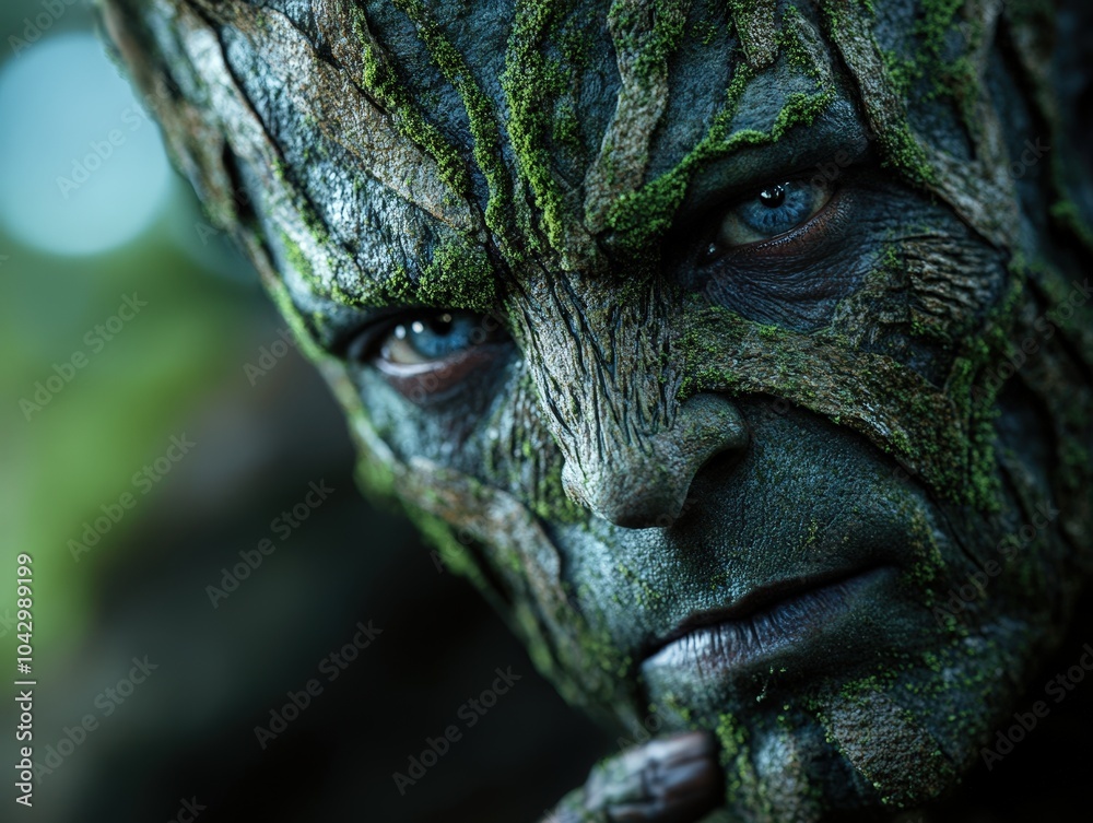 A fantastical creature emerges with a face made of twisting wood and moss like bark, evoking nature and life, staring intently with deep, wise eyes under forest light. A fantastical creature emerges with a face made of twisting wood and moss like bark, evoking nature and life, staring intently with deep, wise eyes under forest light.