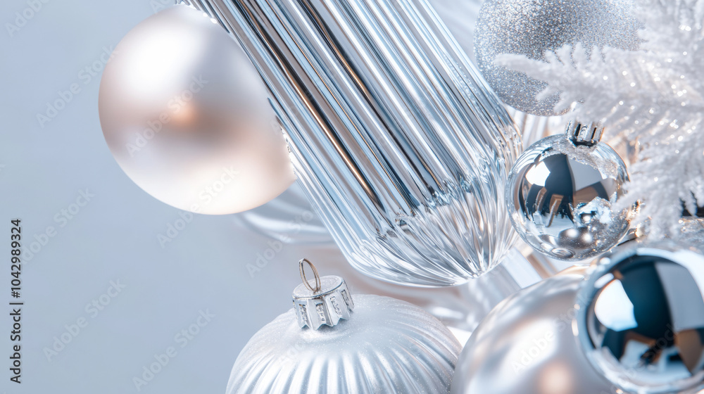 3D christmas tree ornaments christmas wreath balls glossy silver white background. close up fashion graphic design material with copy space