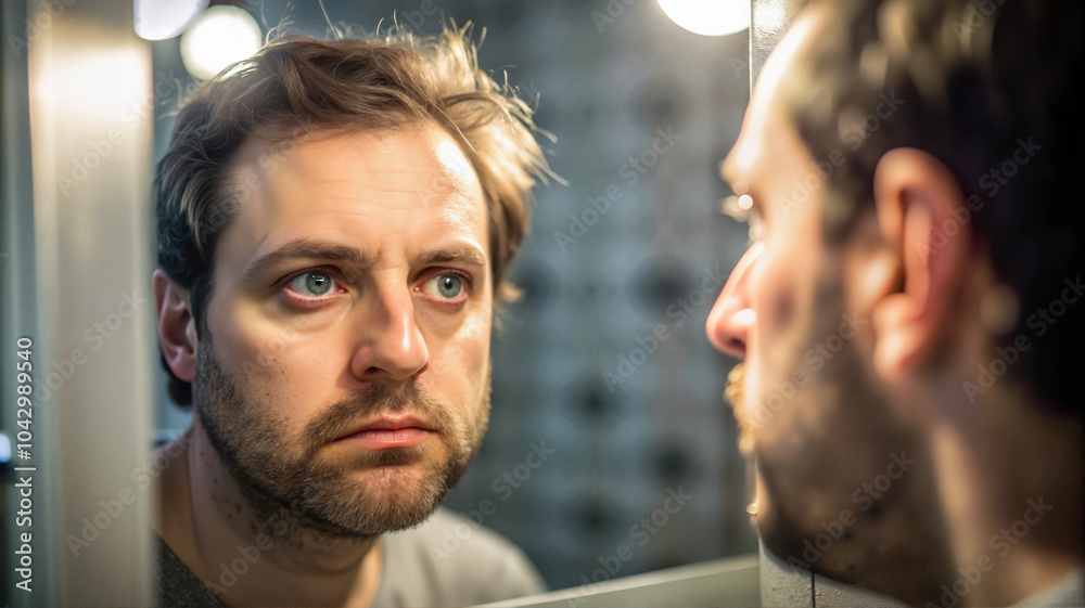 Man Reflecting on His Image in the Mirror Man Reflecting on His Image in the Mirror
