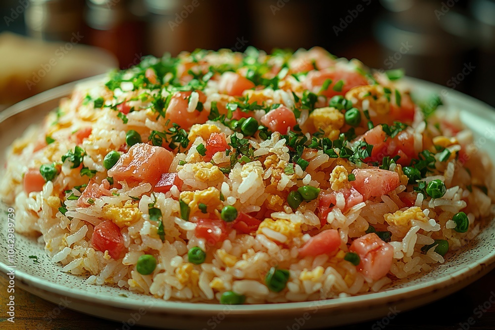 Close-up of Fried Rice with Tomatoes, Peas, and Scrambled Egg Close-up of Fried Rice with Tomatoes, Peas, and Scrambled Egg