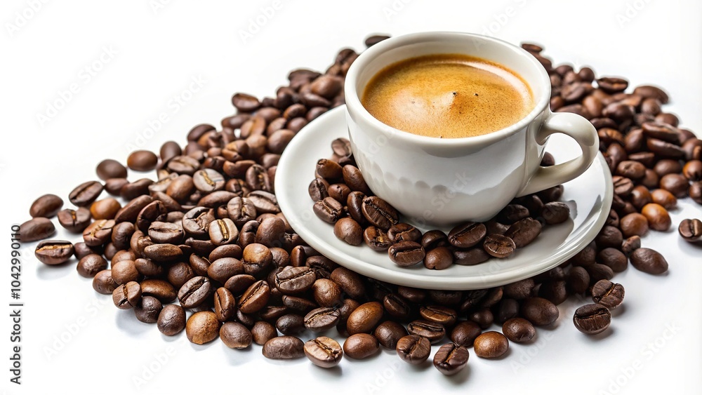 Espresso essence cup of rich coffee with scattered beans on white background extreme close-up Espresso essence cup of rich coffee with scattered beans on white background extreme close-up