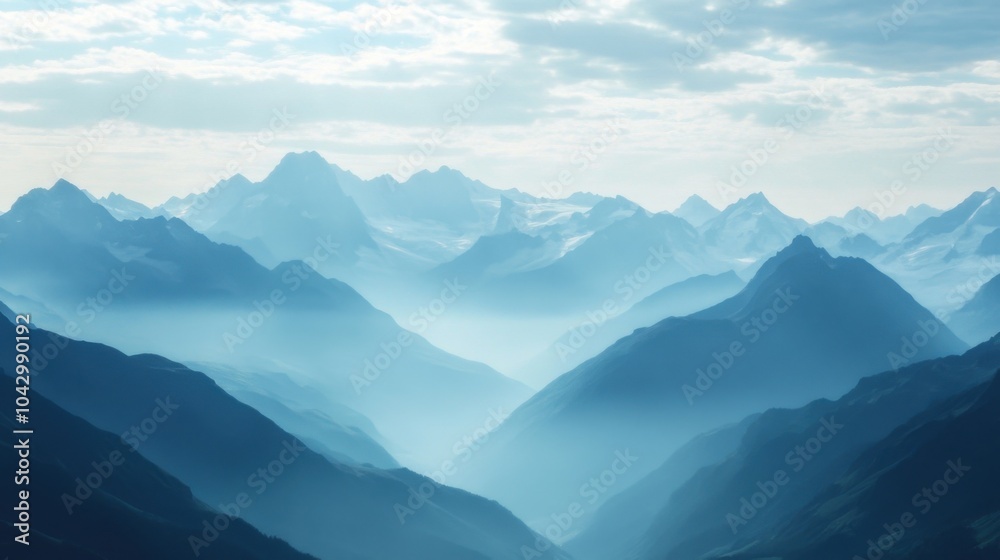 Serene mountain landscape with mist and soft blue tones.