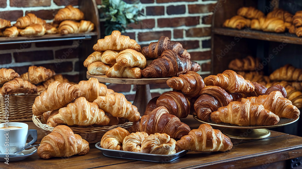 A delicious assortment of golden-brown croissants, arranged on a table in a bakery setting, showcasing various textures and flavors. Ideal for food photography and bakery-related visuals. A delicious assortment of golden-brown croissants, arranged on a table in a bakery setting, showcasing various textures and flavors. Ideal for food photography and bakery-related visuals.