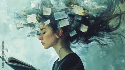 A woman feels overwhelmed, she is surrounded by lists and is anxious and worried, landscape format with copy space, ADHD