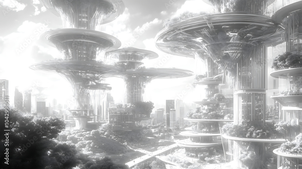 A black and white sketch of a futuristic city with buildings shaped like trees, blending technology and nature A black and white sketch of a futuristic city with buildings shaped like trees, blending technology and nature