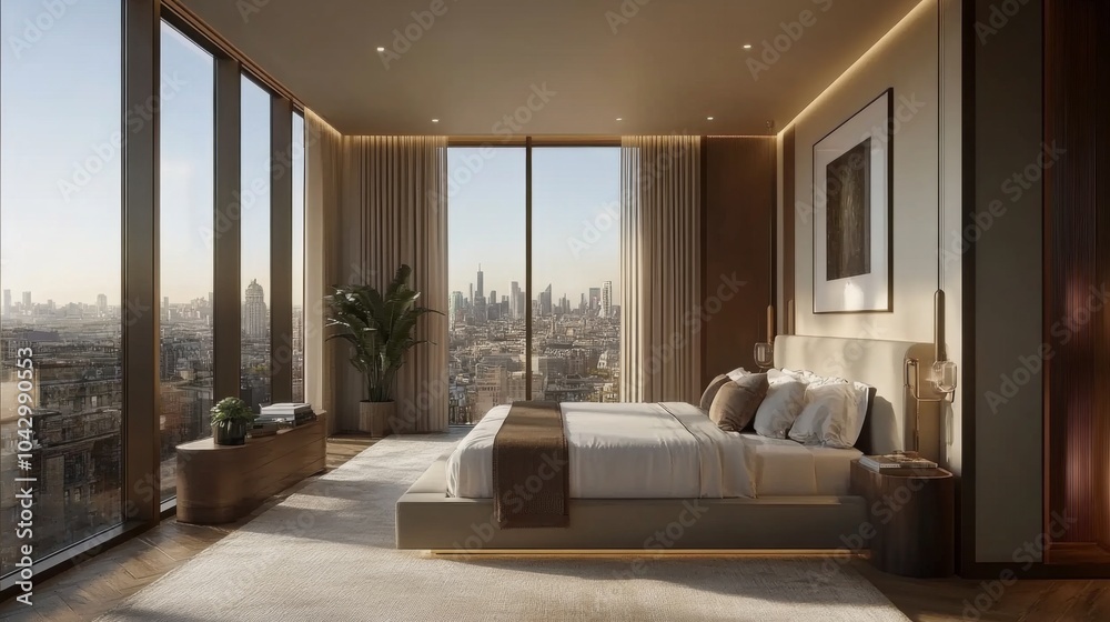 Fototapeta premium Modern Bedroom with City Skyline View and Minimalist Design