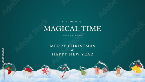 MERRY ChristmasAND HAPPY NEW YEAR background. Xmas ornaments Glass ball with snow inside. Christmas tree decorations transparent ball. vector illustration photo