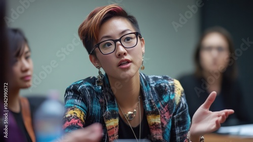 An Asian non-binary activist leading a panel discussion on gender identity and rights, with a diverse group of advocates promoting inclusivity. photo
