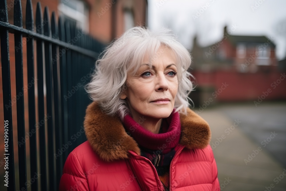 Portrait of a beautiful senior woman in a red jacket in the city Portrait of a beautiful senior woman in a red jacket in the city