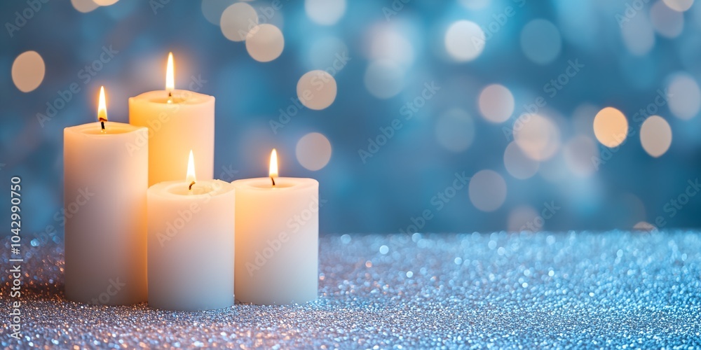 A close up of four candles on a table. The candles are lit and the image has a warm, cozy feeling A close up of four candles on a table. The candles are lit and the image has a warm, cozy feeling