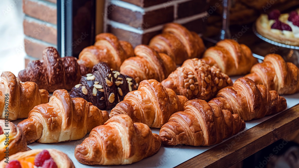 A delicious assortment of golden-brown croissants, arranged on a table in a bakery setting, showcasing various textures and flavors. Ideal for food photography and bakery-related visuals. A delicious assortment of golden-brown croissants, arranged on a table in a bakery setting, showcasing various textures and flavors. Ideal for food photography and bakery-related visuals.