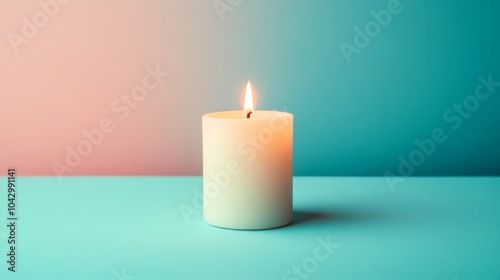 A single white candle burning brightly on a teal surface with a pink and teal background.