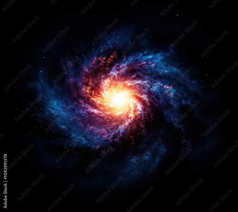 Obraz premium A mesmerizing spiral galaxy radiates vibrant colors, showcasing the beauty of cosmic phenomena. Its stellar core shines brightly, surrounded by swirling clouds of gas and dust.