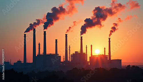 ndustrial plant silhouette at sunset with smoke and atmospheric effects photo