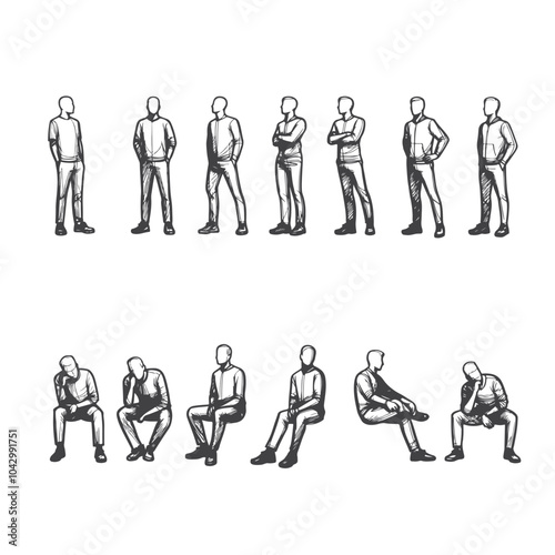 Man in Various Sitting Poses: Sketch Style Art