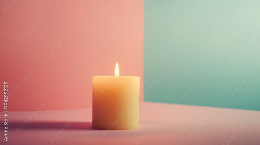A single, burning candle stands on a pink surface with a light blue wall behind it.