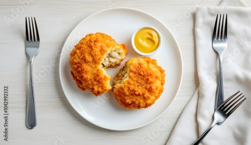 Crispy Dutch Kroketten with Mustard on White Plate photo