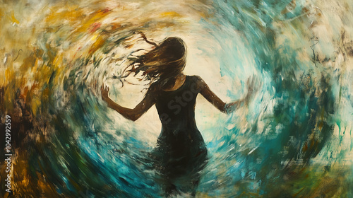 Dramatic abstract art, woman or girl in emotional distress or feeling intense emotions, landscape format with copy space for text.