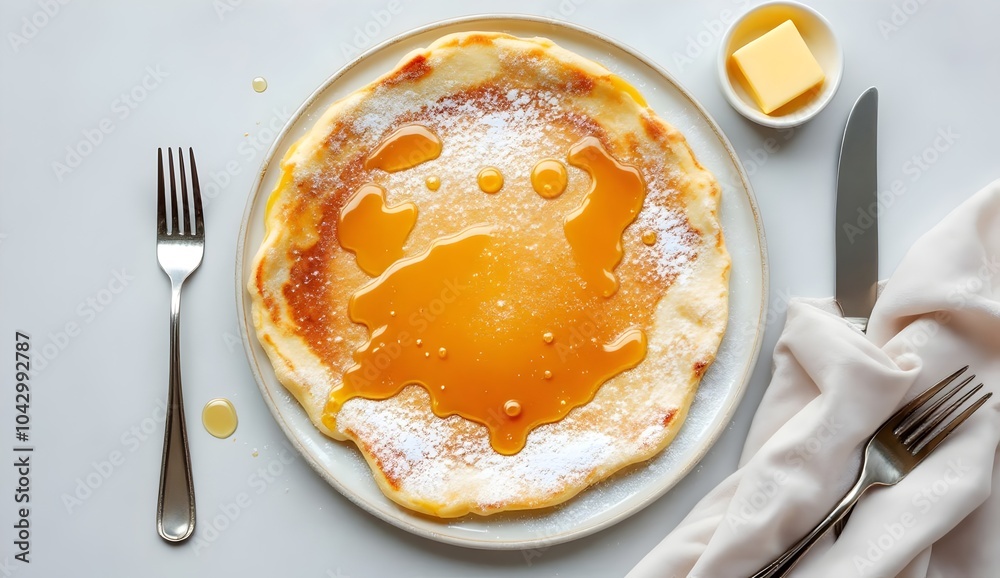 Dutch Pannenkoeken with Syrup and Powdered Sugar on Plate Dutch Pannenkoeken with Syrup and Powdered Sugar on Plate