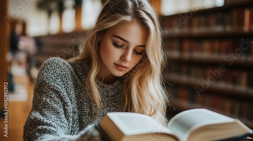 Concentrated blonde woman college student learning from a book in a library 