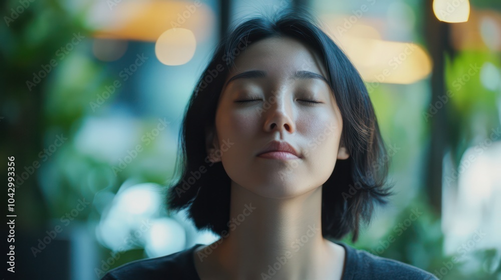 Obraz premium An Asian woman practicing breathing exercises for anxiety treatment, in a culturally diverse and tranquil atmosphere.