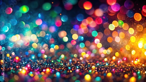 Extreme close-up blurred bokeh lights background with colorful particles