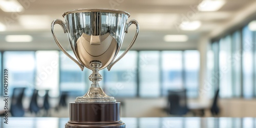 A shiny trophy displayed in an office setting, symbolizing achievement and success.