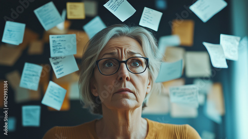 A woman feels overwhelmed, she is surrounded by lists and is anxious and worried, landscape format with copy space, ADHD