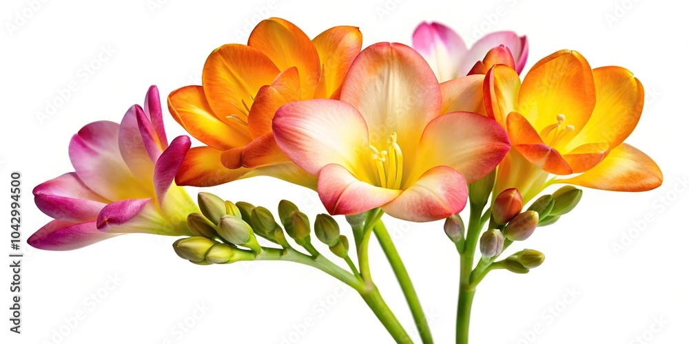 Extreme close-up of a blooming freesia flower on white background Extreme close-up of a blooming freesia flower on white background