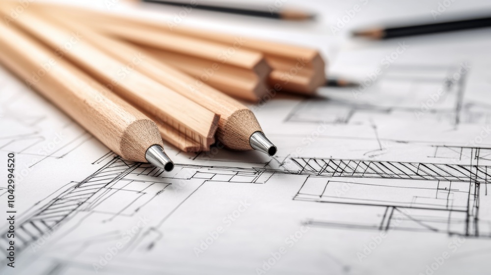 Architectural drawing with pencils on blueprints for design work. Architectural drawing with pencils on blueprints for design work.