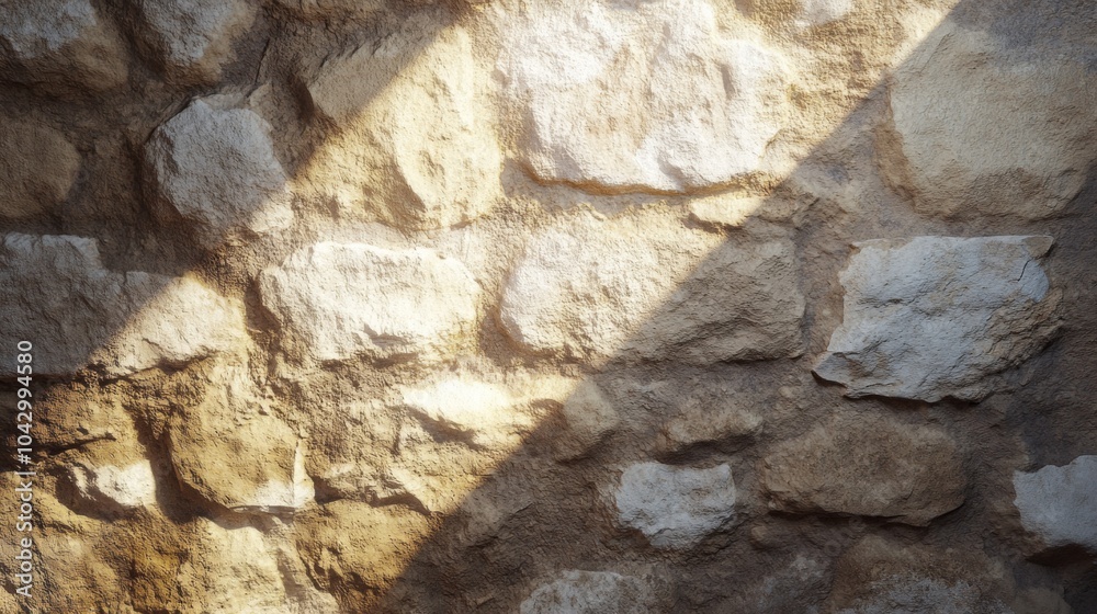 Naklejka premium A close-up of a rough stone wall with diagonal rays of light shining through.