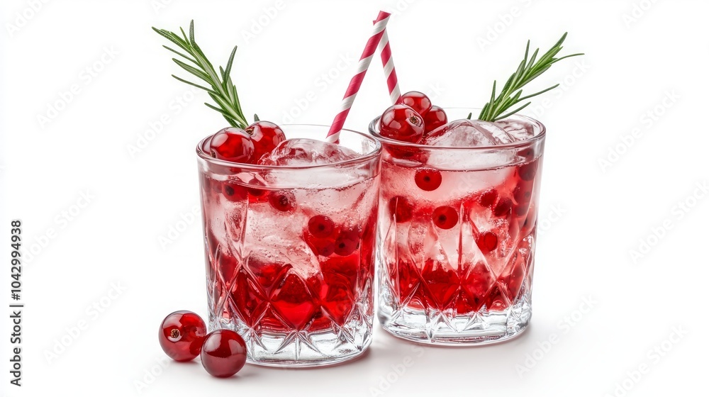 Two glasses of refreshing cranberry cocktails with ice, fresh berries and rosemary sprigs on a white background. Two glasses of refreshing cranberry cocktails with ice, fresh berries and rosemary sprigs on a white background.