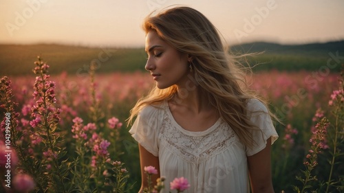 Serenity. Young woman enjoying the scent of wild flowers in the evening in a free time.