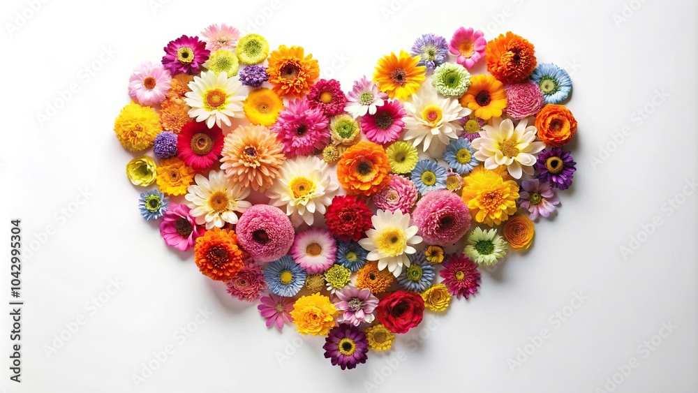 Extreme close-up of a heart made of colorful flowers on a white background