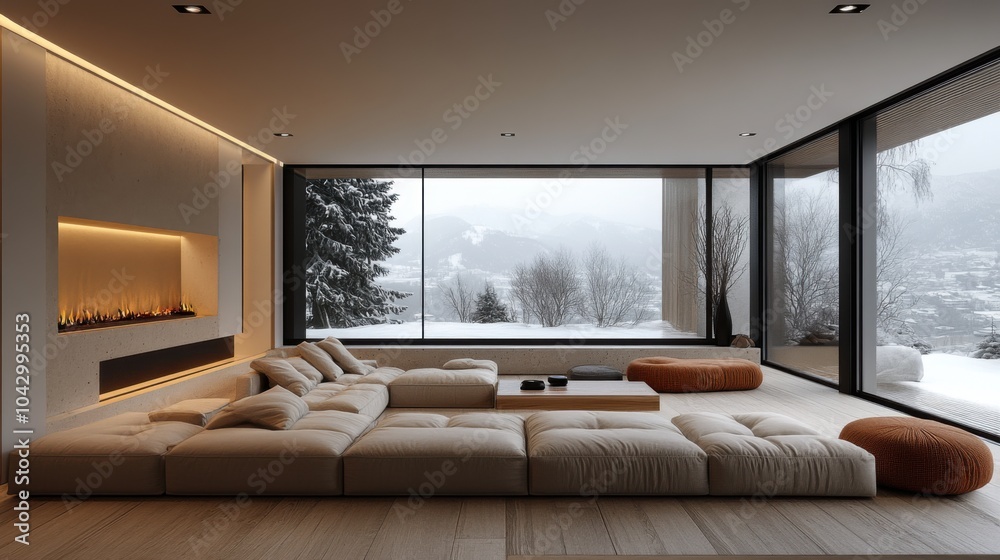 Modern living room with large windows and snowy mountain view.