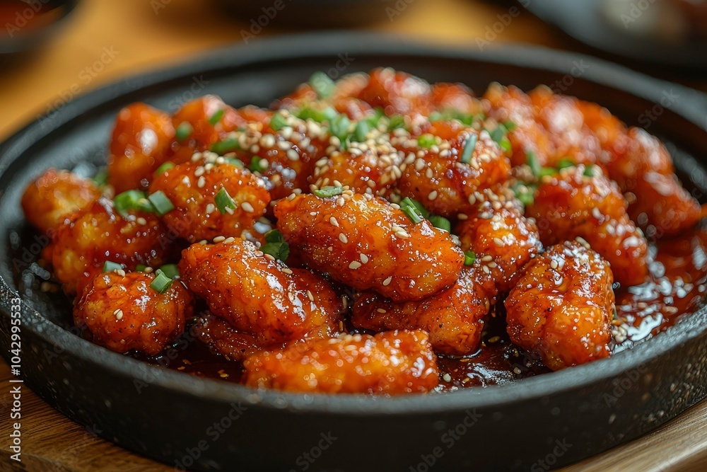 Close-up of Crispy Orange Chicken with Sesame Seeds and Green Onions Close-up of Crispy Orange Chicken with Sesame Seeds and Green Onions