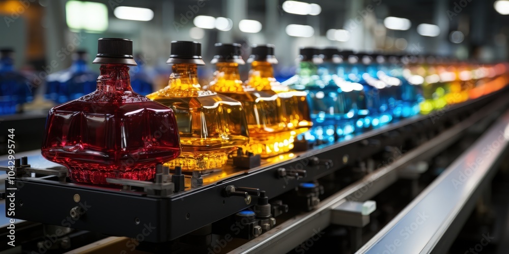 A line of bottles moves along a conveyor belt in a factory, the bottles are filled with colorful liquids and represent the stages of production. A line of bottles moves along a conveyor belt in a factory, the bottles are filled with colorful liquids and represent the stages of production.