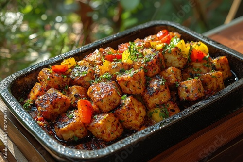 Close-up of a dish of pan-fried tofu with bell peppers and herbs photo