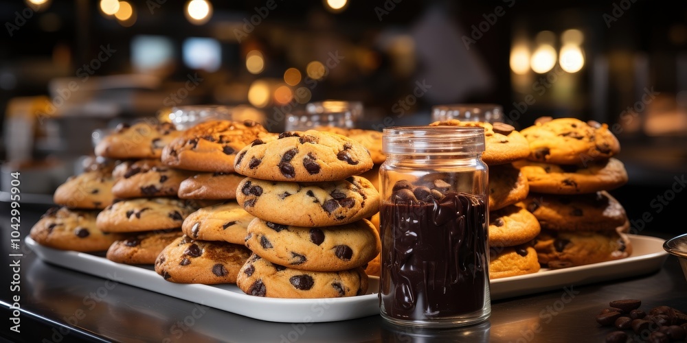 A stack of chocolate chip cookies on a white plate next to a jar of melted chocolate, illuminated by warm, ambient lighting. A stack of chocolate chip cookies on a white plate next to a jar of melted chocolate, illuminated by warm, ambient lighting.