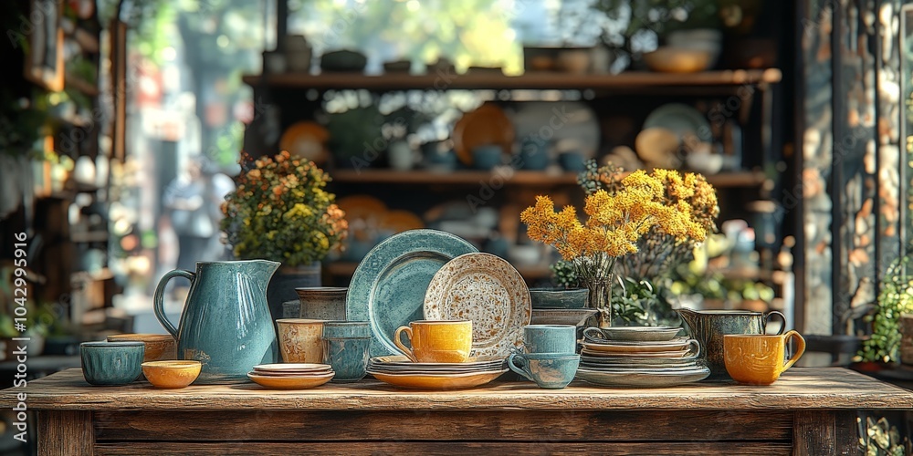 Naklejka premium Vintage dishes and cups on display in cozy thrift store environment