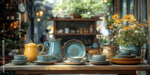 Vintage dishes and cups on display in cozy thrift store environment