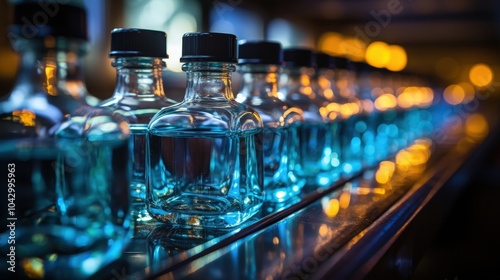 A row of glass bottles filled with a blue liquid on a reflective surface, showcasing the captivating interplay of light and transparency