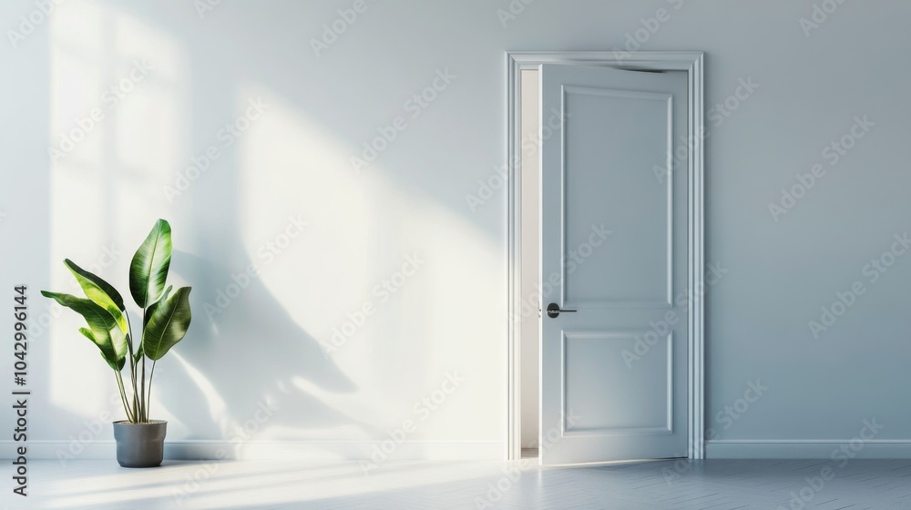 A minimalist room with a white door ajar and a potted plant in the corner. A minimalist room with a white door ajar and a potted plant in the corner.